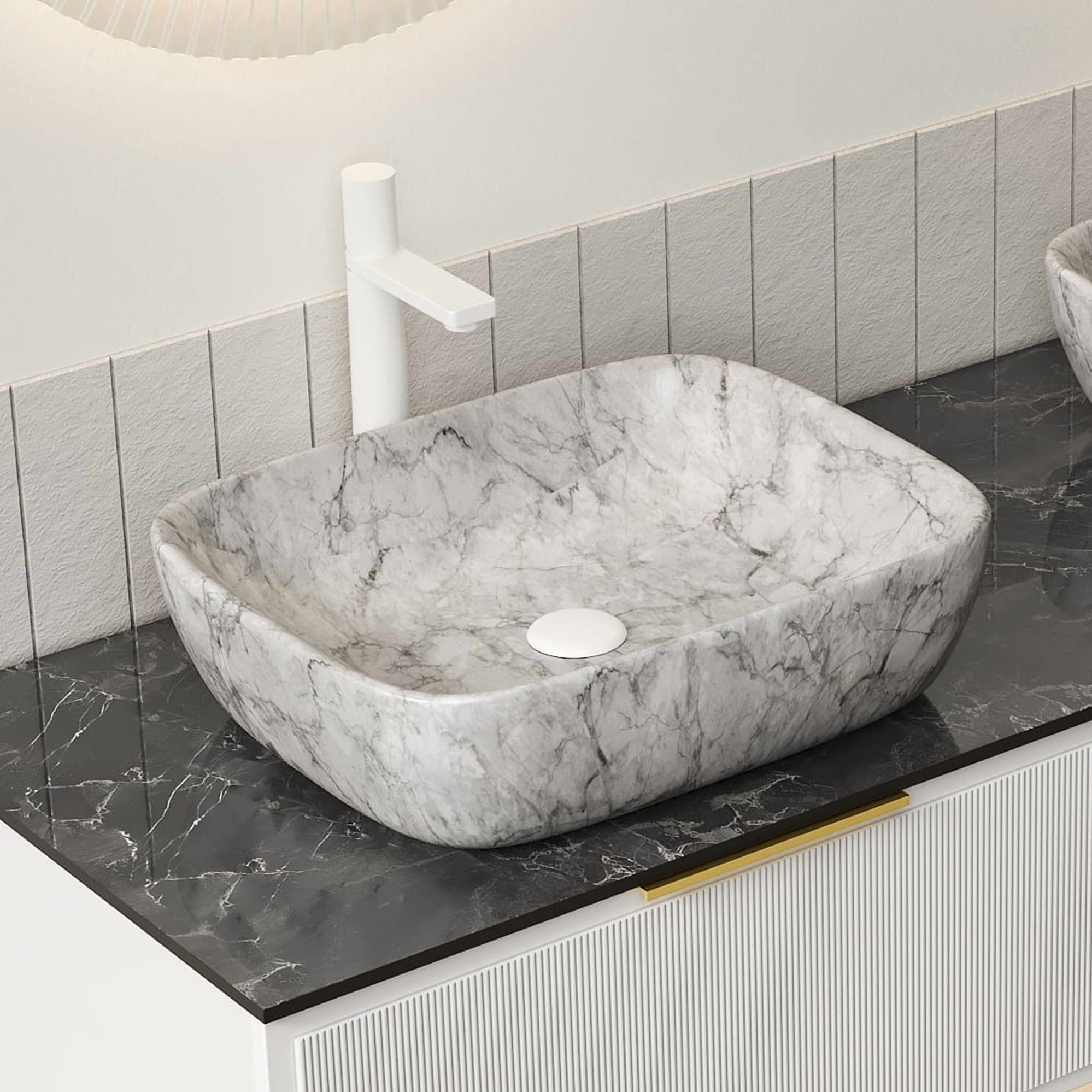 19'' Bathroom Ceramic Sink without Cabinet, Volakas White Marble