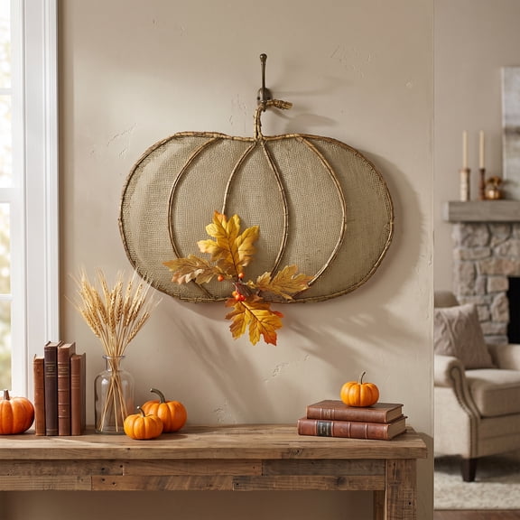 Northlight 19" Beige Burlap and Vine Pumpkin Fall Harvest Wall Hanging