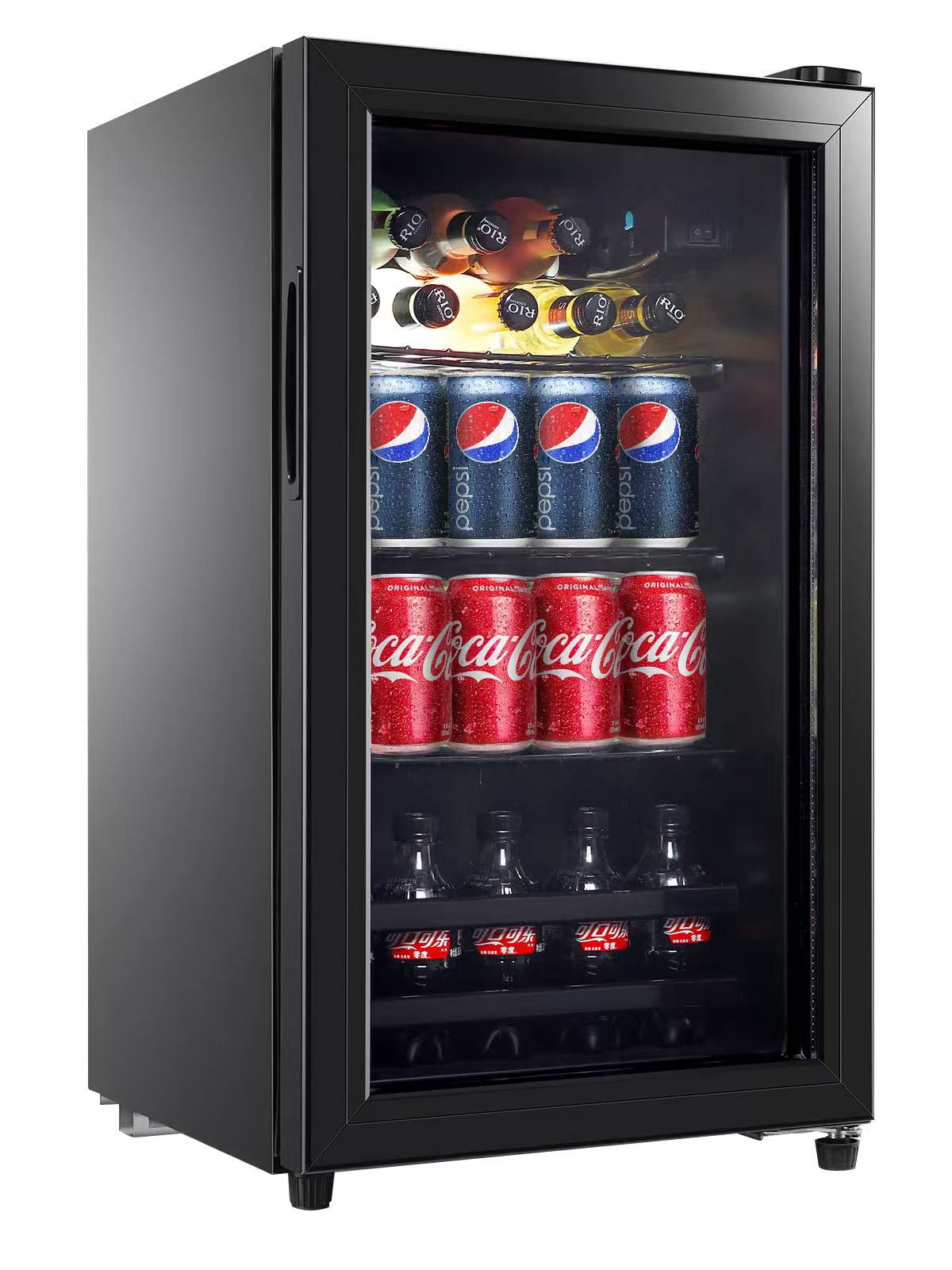 19 in Beverage Refrigerator Cooler, 80 Can Capacity Drink Fridge with Glass Door, Adjustable Shelves, LED Light, Freestanding Beer & Soda Fridge, Black