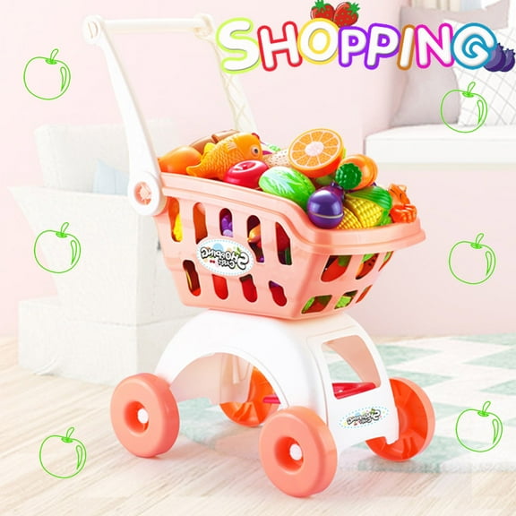 19" Big 2-Layer Kids Toy Shopping Cart W/Sliceable Fruit Kits Toys for Girls 3-6 Years Boys, Pretend Play Shopping Grocery Wagon Play Set Gifts to Toddlers Easter Basket Stuffer, 20Pcs Warm Orange