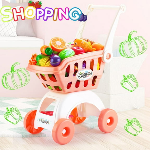 19" Big 2-Layer Kids Toy Shopping Cart W/Sliceable Vegetable Kits Toys for Girls 3-6 Years Boys, Pretend Play Shopping Grocery Wagon Play Set Gifts to Toddlers Easter Basket Stuffer, 20Pcs Warm Orange