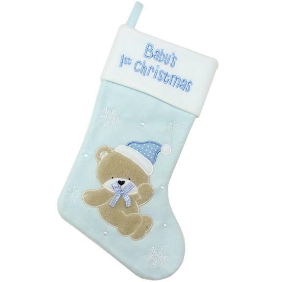 19" Blue and White "Baby's 1st Christmas" Embroidered Teddy Bear Christmas Stocking