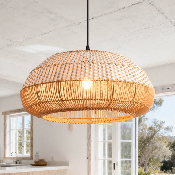 19" Bohemian Coastal Natural Handwoven Rattan Round 1-Light Adjustable Chandelier