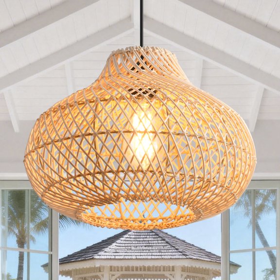 19" Bohemian Natural Handwoven Rattan Lantern 1-Light Adjustable Pendant Light