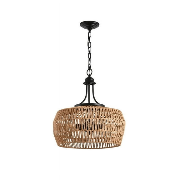 19" Boho Farmhouse Pendant Light, Hand-Woven Hemp Rope Hanging Ceiling Lamp with Adjustable Chain, Natural Jute Shade Light Fixture for Kitchen Island, Dining Room, or Entryway