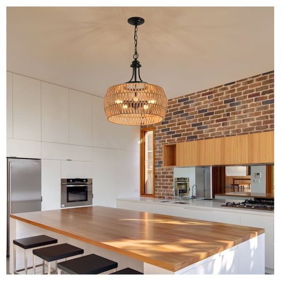 19" Boho Hemp Rope Pendant Light, Hand Woven Jute Hanging Lamp, Adjustable Chain Ceiling Fixture for Kitchen Island, Dining Room, Entryway (Bulb Not Included)