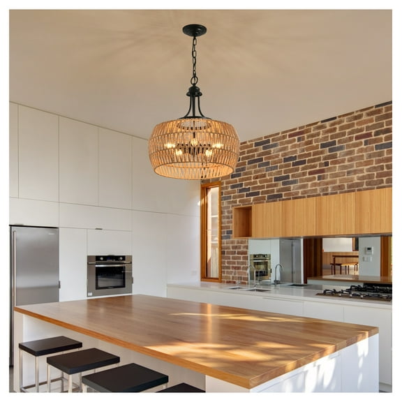 19" Boho Hemp Rope Pendant Light, Hand-Woven Jute Hanging Lamp with Adjustable Chain, Natural Rope Shade Ceiling Light Fixture for Kitchen Island, Dining Room, or Entryway (Bulb Not Included)