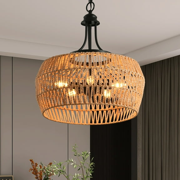 19" Boho Hemp Rope Pendant Light, Hand-Woven Jute Hanging Lamp with Adjustable Chain, Natural Rope Shade Ceiling Light for Kitchen Island, Dining Room, Entryway (Bulb Not Included)