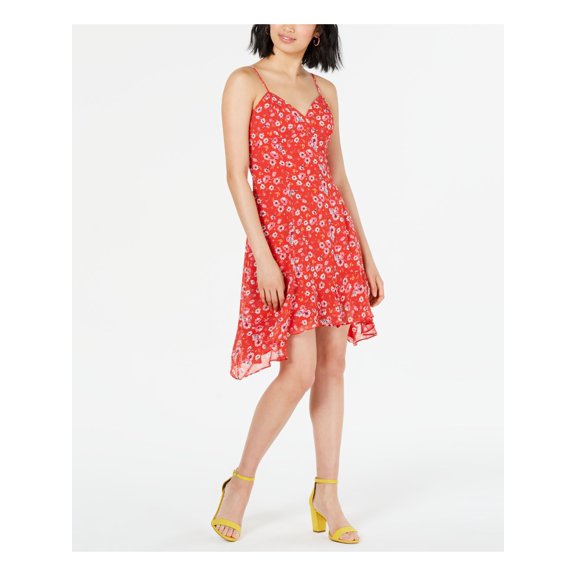 19 COOPER Womens Red Floral Spaghetti Strap V Neck Knee Length Dress Size: L