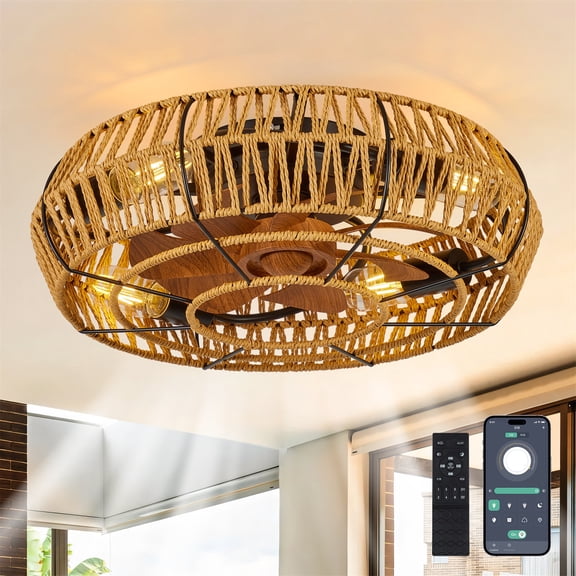 19" Caged Ceiling Fan with Lights & Remote, Boho Flush Mount Low Profile Fan, 6 Speed Reversible Bladeless Ceiling Fan with 4 Bulbs for Living Room & Bedroom