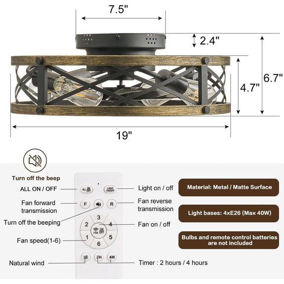 19" Caged Flush Mount Ceiling Fans with Lights and Remote