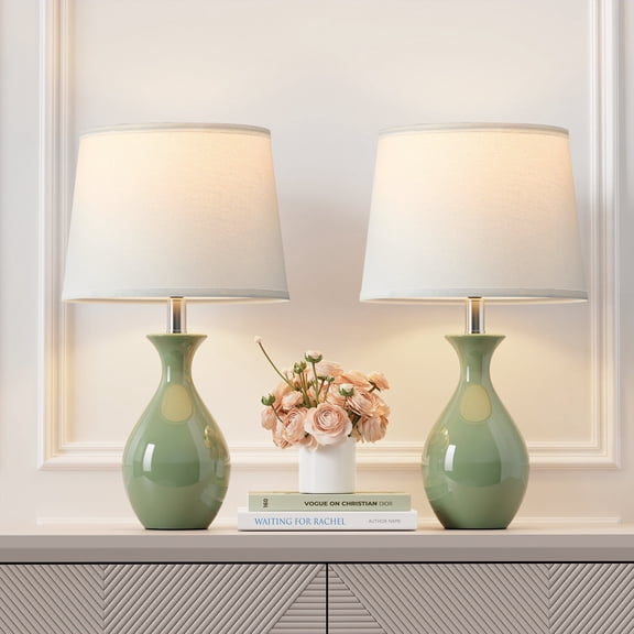 19”Ceramic Table Lamp Set of 2, Modern Bedside Lamps for Nightstand, Bedroom, Living Room with Rocker Switch, Green