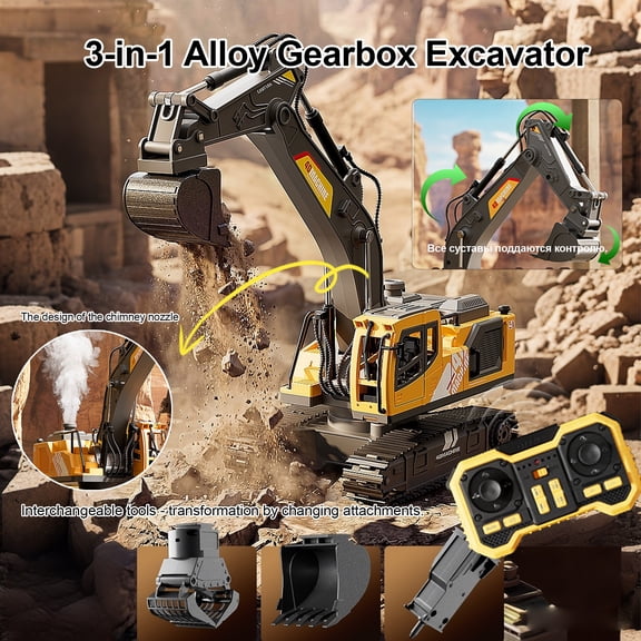 19 Channel Remote Control Excavator Toy, 3 in 1 Alloy Construction Vehicle with Mist Spray, 680 Rotatable Turntable, Rechargeable RC Digger with Drill Bucket Gripper, Gift for Kids Ages 6+