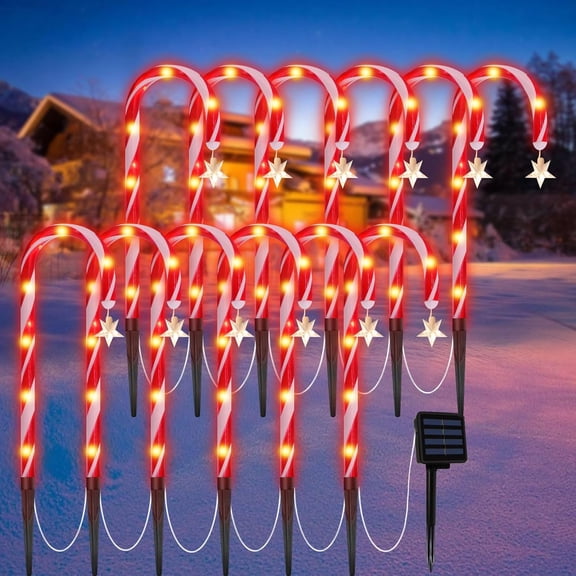 19'' Christmas Candy Cane Pathway Markers Outdoor, 12 Pack Christmas Lights Outdoor Decorations Solar Candy Cane Lights with Snowflakes Xmas Pathway Lights with 8 Modes for Holiday Decor
