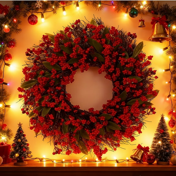 19 In Christmas Red Berry Wreath - Christmas Wreath for Front Door, Xmas Artificial Berries Wreath, Christmas Decoration for Home Front Door Wall Fireplace