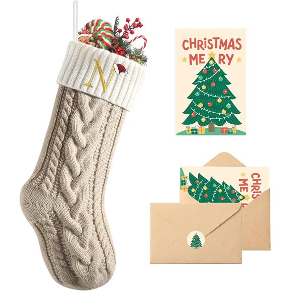 19" Christmas Stockings with Initials, Large Embroidered Letter Hanging Stockings, Monogram Knitted Xmas Stocking with Card Envelope Hooks, Family Party Fireplace Christmas Decorations