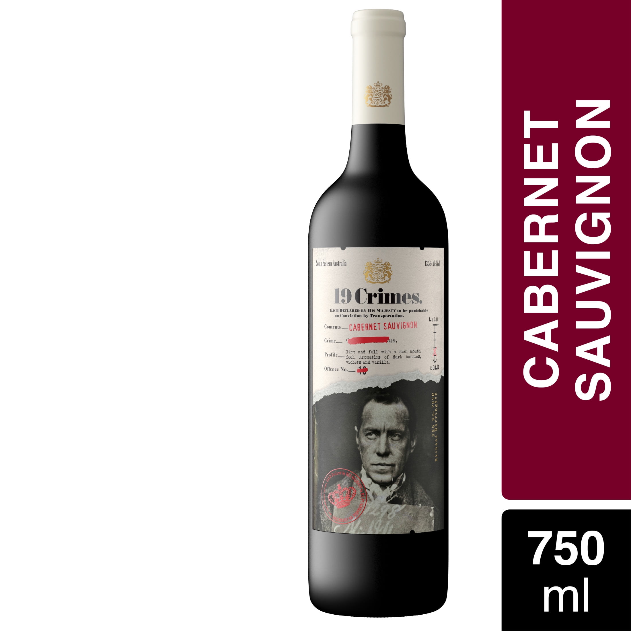 19 Crimes Cabernet Sauvignon Red Wine, 750ml Glass Bottle, Australia, 13.5 % ABV