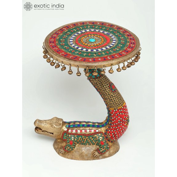 19" Crocodile Design Round Table with Dangling Ghungroos | Brass with Inlay Work