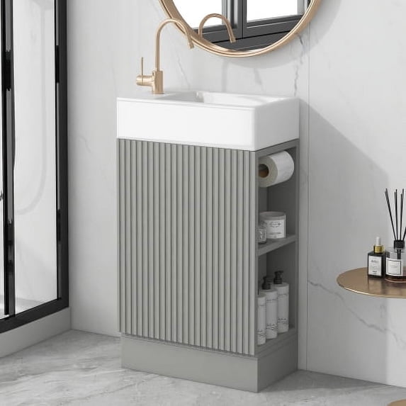 19" Durable Compact Freestanding Cabinet, Bathroom Storage Unit with Adjustable Shelf, Modern Small Bathroom Vanity with Ceramic Sink for Bathroom, Grey