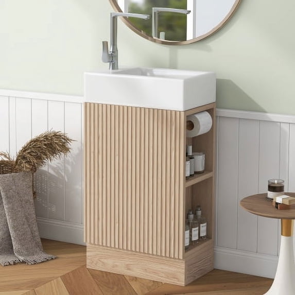 19" Durable Compact Freestanding Cabinet, Bathroom Storage Unit with Adjustable Shelf, Modern Small Bathroom Vanity with Ceramic Sink for Bathroom, Natural