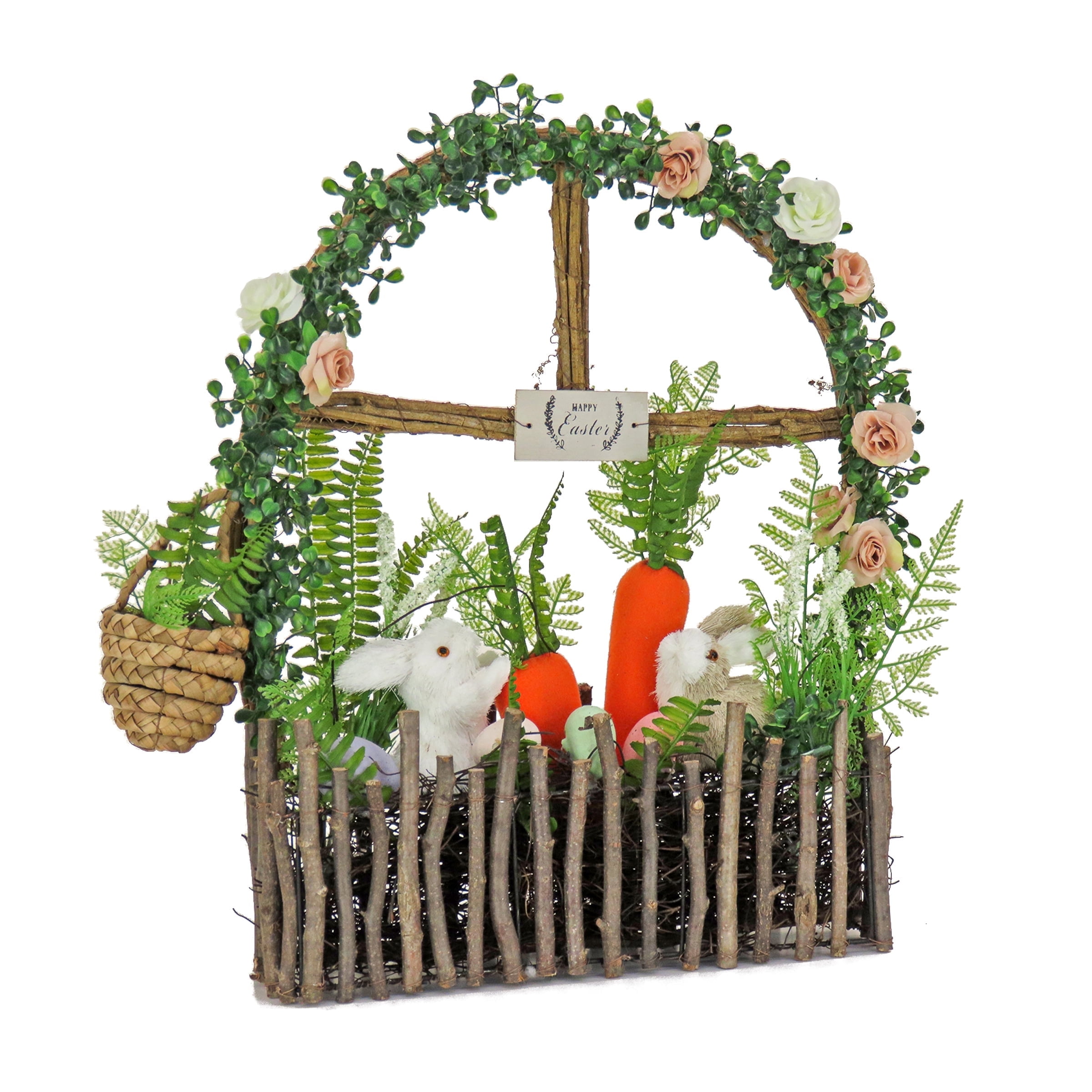 19 in. Easter Decoration Window Pane with Bunnies, Carrots, Artificial Flower Blooms and Leafy Greens