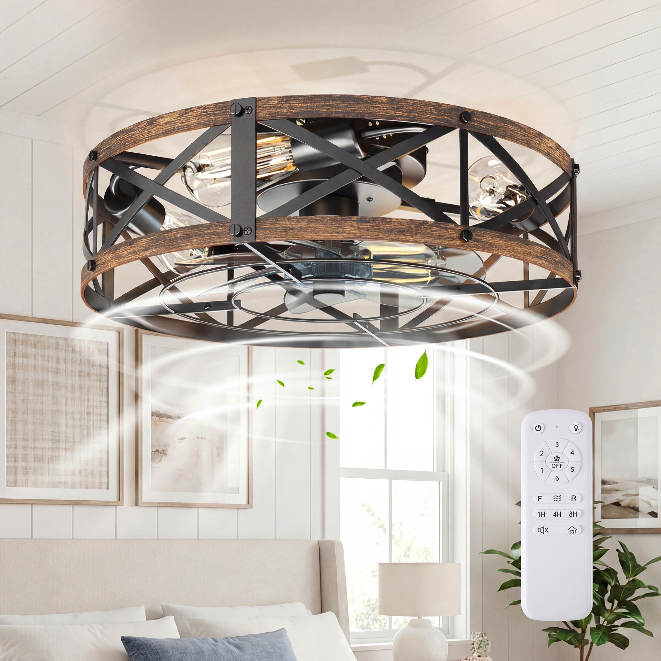 edx 19" Farmhouse Flush Mount Ceiling Fan with Light & Remote, Reversible Blades, Bladeless Safety Cage, 6 Speeds, 8H Timer, Rustic Low Profile Ceiling Fan for Bedroom Kitchen Living Room, Gold