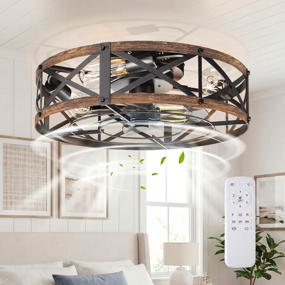 edx 19" Farmhouse Flush Mount Ceiling Fan with Light & Remote, Reversible Blades, Bladeless Safety Cage, 6 Speeds, 8H Timer, Rustic Low Profile Ceiling Fan for Bedroom Kitchen Living Room, Gold