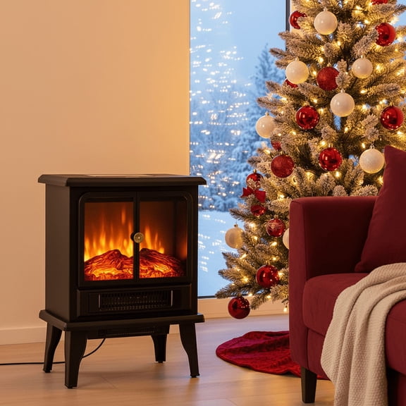 19" Freestanding Electric Fireplace Stove with Adjustable 3D Flame, Safe & Easy-to-Use Heater for Home Office, Compact Corner Design, Inky