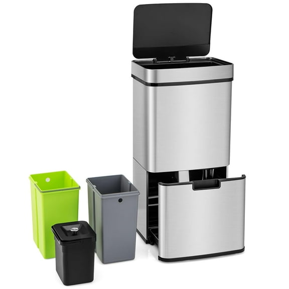 19 Gal Kitchen Trash Can, Motion Sensor Classified Recycling Garbage Bin W/Removable Inner Buckets, Soft Closing Lid & Stay-Open Design, Stainless Steel Waste Bin Garbage Can for Kitchen