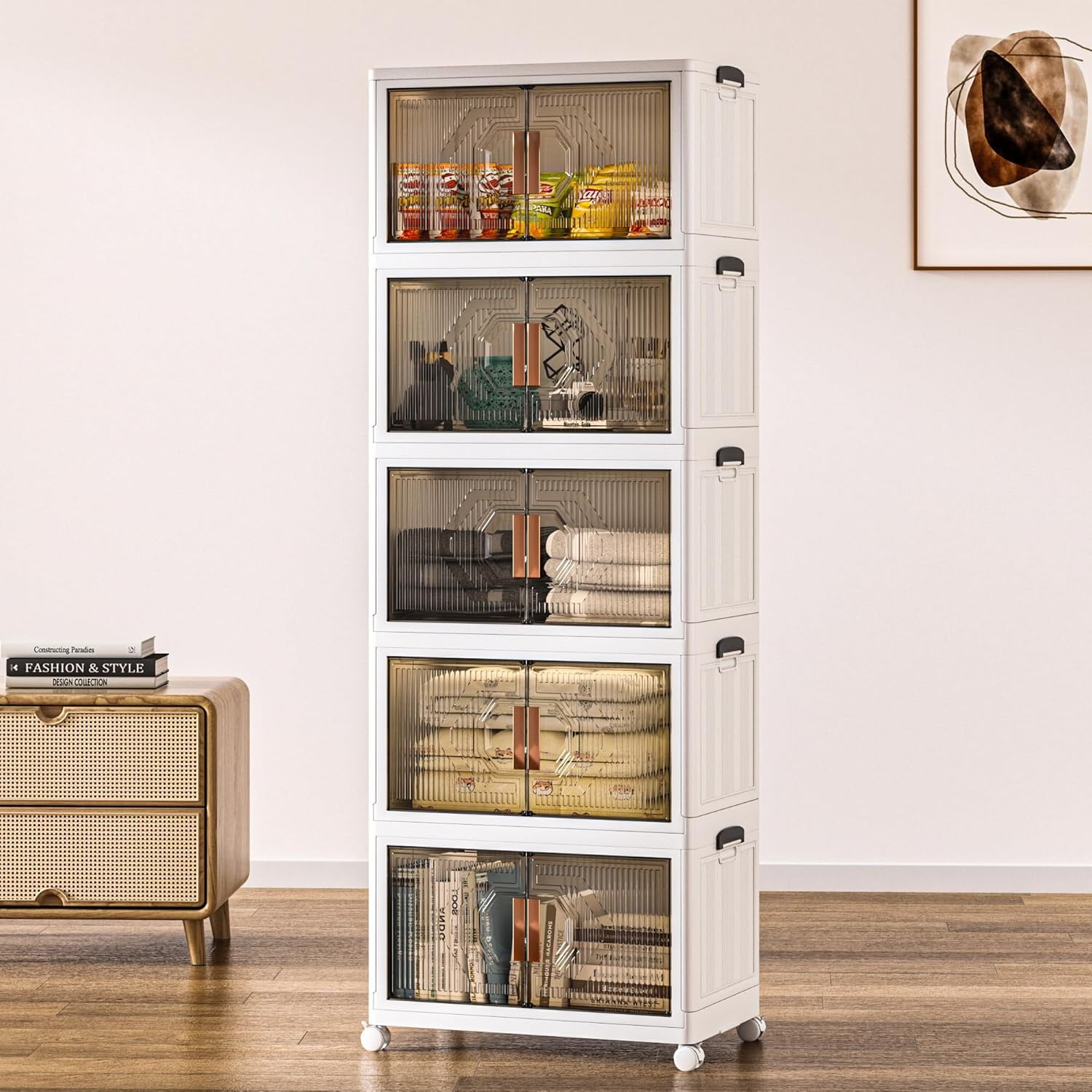 19 Gal Stackable Storage Bins with Lid, 5 Pack Plastic Collapsible