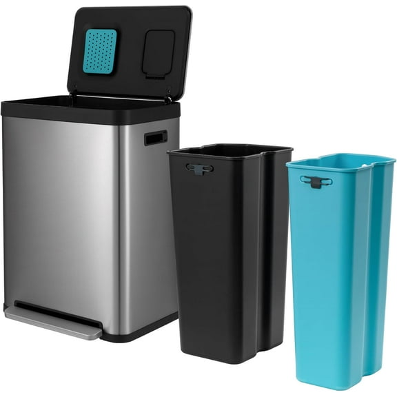 19 Gallon Kitchen Trash Can with Dual Compartments for Recycling, CleanAura Odor Control, Stainless Steel, Silver, 70 Liters Total, Gen 1