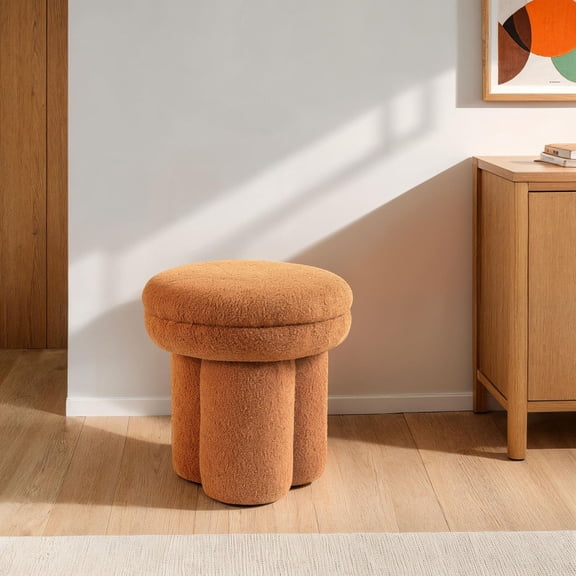19"H Saddle Brown Accent Stool (Mushroom-Shape, Shearling Teddy-Like Fabric  Pedestal Base, Contemporary for Living Room)