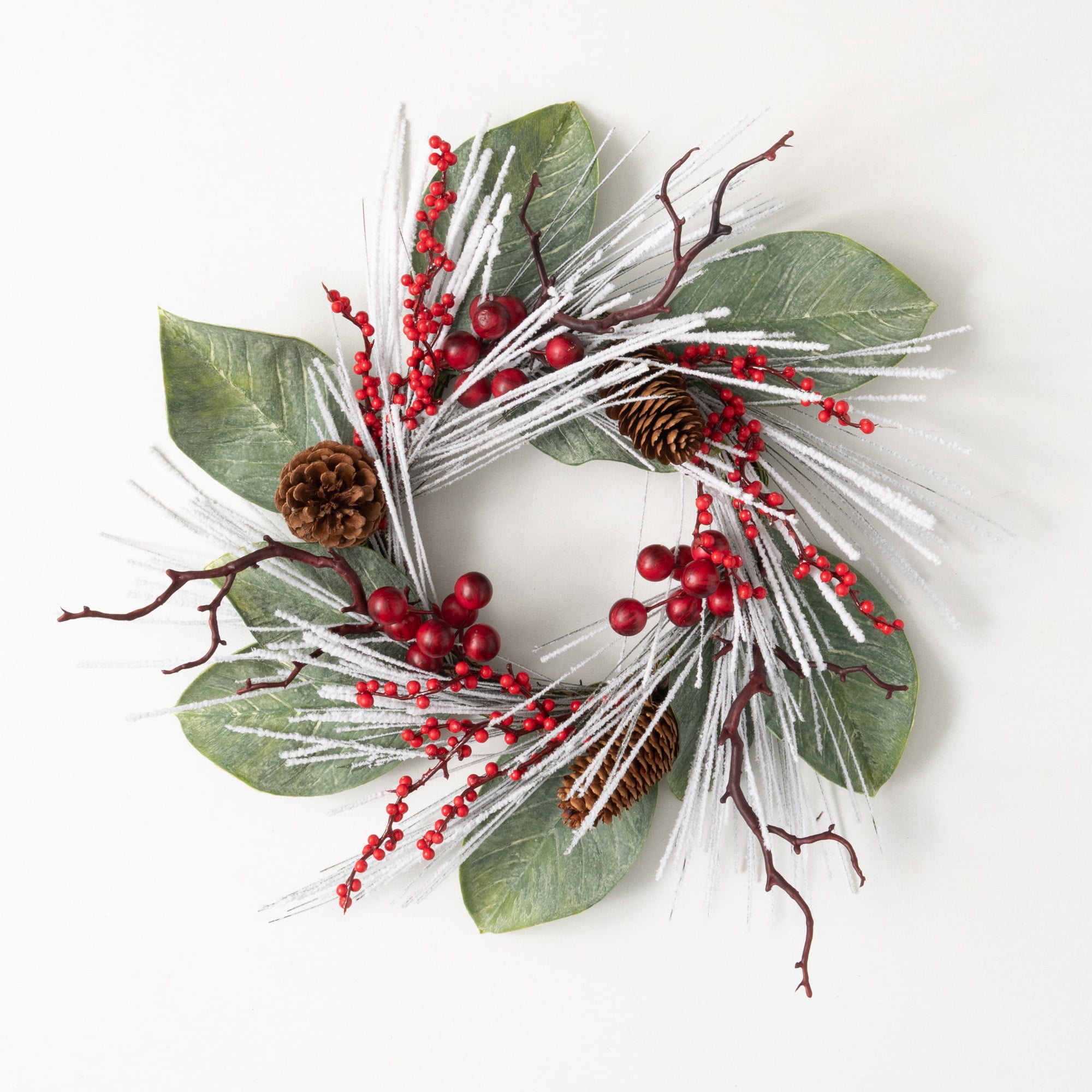 19"H Sullivans Snowy Long Pine & Berry Christmas Mini Wreath, Green