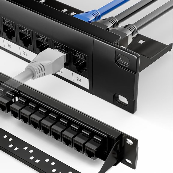 19 Inch 24 Port Keystone Patch Panel with 25 Pack 10Gbps CAT6 Keystone Couplers and Detachable Cable Management Bar, 1U Ethernet Network Patch Panel, Rackmount or Wall Mount