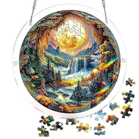 19 Inch Acrylic Jigsaw Puzzle Wind Chime Suncatcher, 83-Piece DIY Floral Window Hanging Decor for Porch Garden Outdoor, Soft Melodious Bells for Home Decor