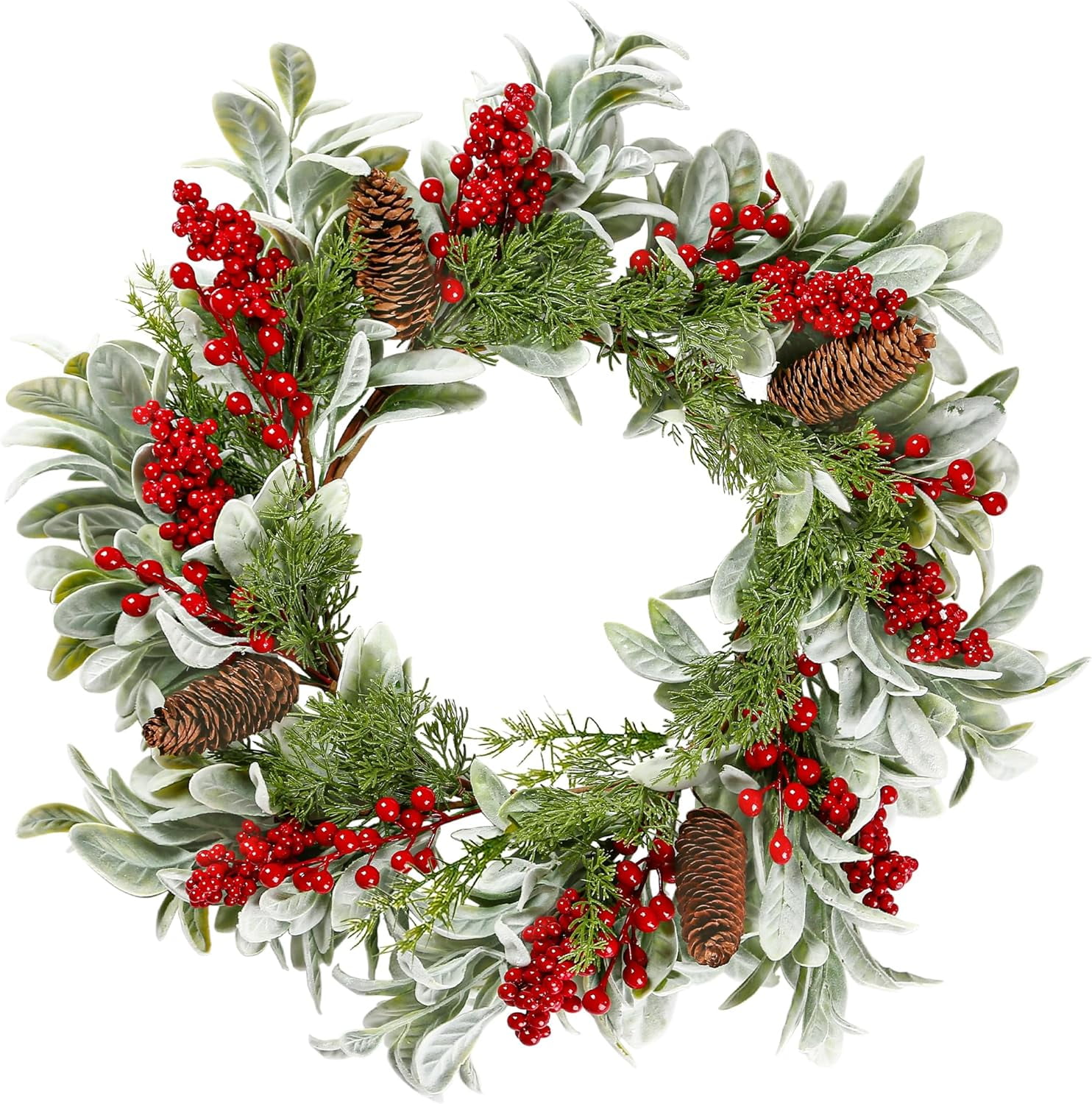 19 Inch Artificial Christmas Wreath for Front Door Flocked Lambs Ear