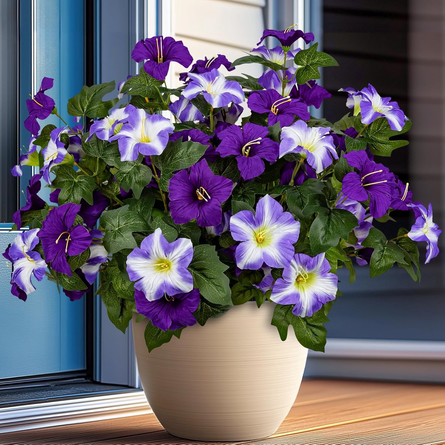19 Inch Artificial Fake Flowers for Outdoor,4 Pcs Faux Silk Petunias Spring Flowers for Outside for Indoor Porch Planter Front Door Garden Patio Window Box Home Decor(Multiple Color)