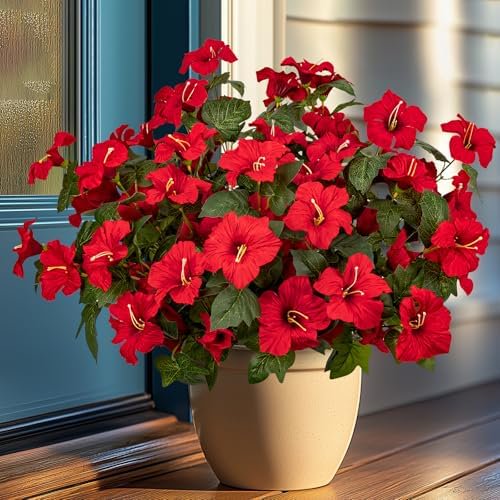 19 Inch Artificial Fake Flowers for Outdoor,4 Pcs Red Faux Silk Petunias Spring Flowers for Outside for Indoor Porch Planter Front Door Garden Patio Window Box Home Decor