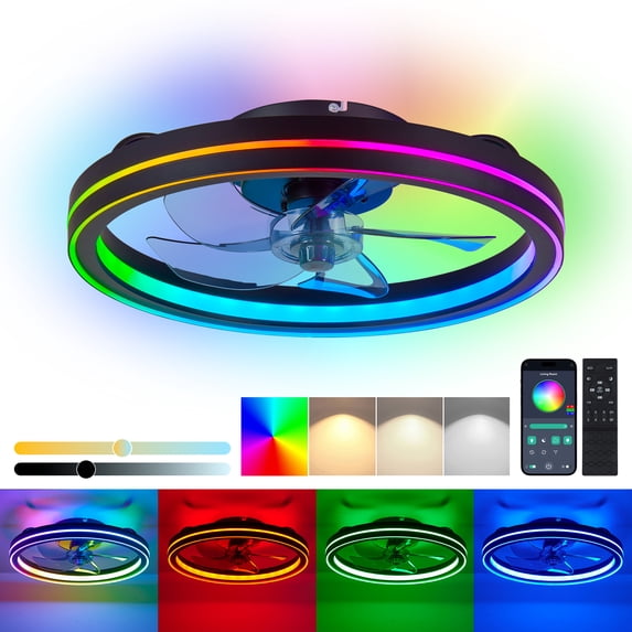 19 Inch Black Low Profile Bladeless Ceiling Fan, RGB LED Flush Mount ...