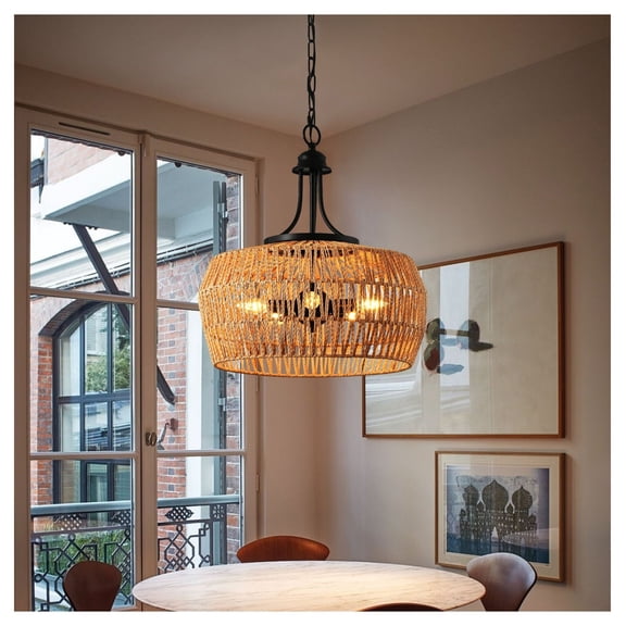 19 Inch Boho Hemp Rope Pendant Light, Hand Woven Jute Hanging Lamp, Adjustable Chain Ceiling Fixture for Kitchen Island Dining Room Entryway (Bulb Not Included)