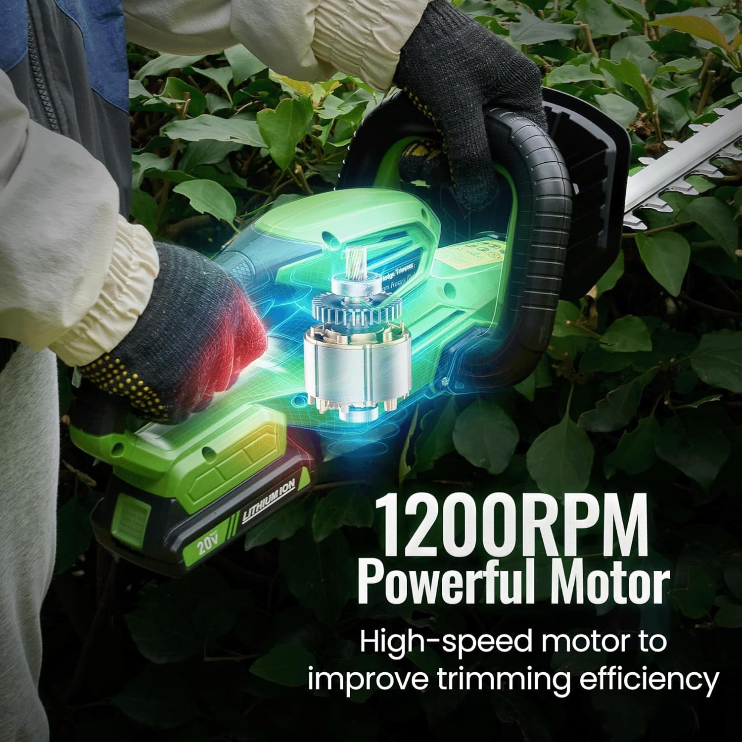 19 Inch Cordless Hedge Trimmer with 20V Battery, 1300RPM Motor for Garden Bush Shaping