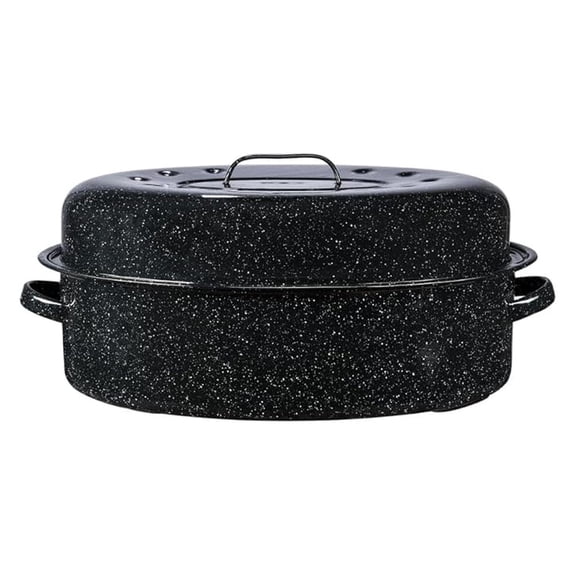 19-Inch Covered Oval Roaster, 20 Lb Capacity - Enamel Steel Cookware, Dishwasher Safe & -Free, Even Heat Distribution for Roasting Poultry, Meat, or Vegetables (Speckled Black)