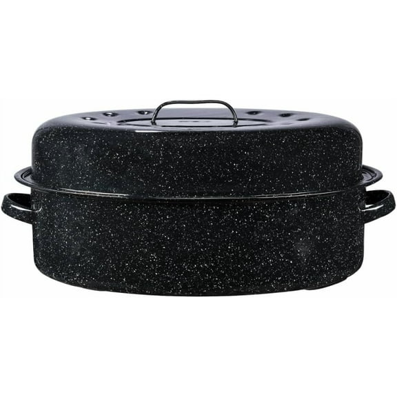 19-Inch Covered Oval Roaster, 20 Lb Capacity - Enamel Steel Cookware, Dishwasher Safe & PFOA-Free, Even Heat Distribution for Roasting Poultry, Meat, or Vegetables (Speckled Black)