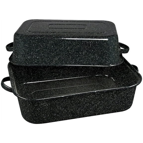 19-Inch Covered Rectangular Roaster - Enamel Steel Cookware, Nonstick & Chemical-Free, Dishwasher Safe - 25 Lb Capacity, Large Roasting Pan for Meats, Poultry, Vegetables (Speckled Black)