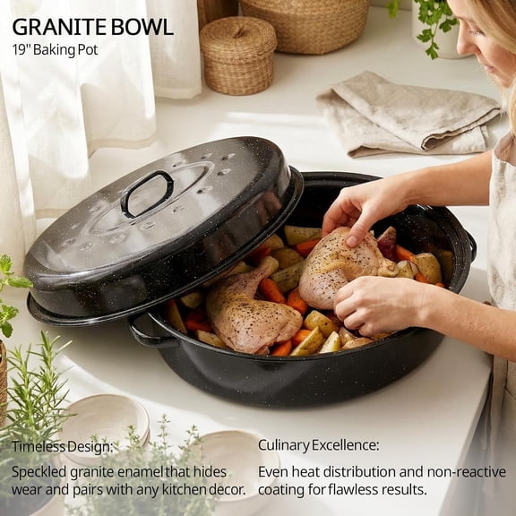 19 Inch Enamel Roasting Pan with Lid, Large Oval Granite Turkey Roaster for Thanksgiving  Gift