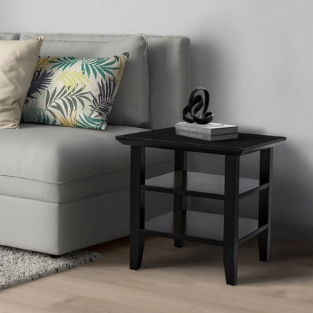 19 Inch Handcrafted Rubberwood Square Side End Table, 2 Shelves, Chamfered Legs, Black- Saltoro Sherpi