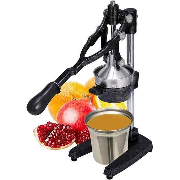 19 Inch Height Extra Tall Commercial Heavy Duty Cast Iron Hand Press Manual Orange Citrus Lemon Lime Grapefruit Pomegranate Fruit Juice Squeezer Machine with Stainless Steel Cup Black