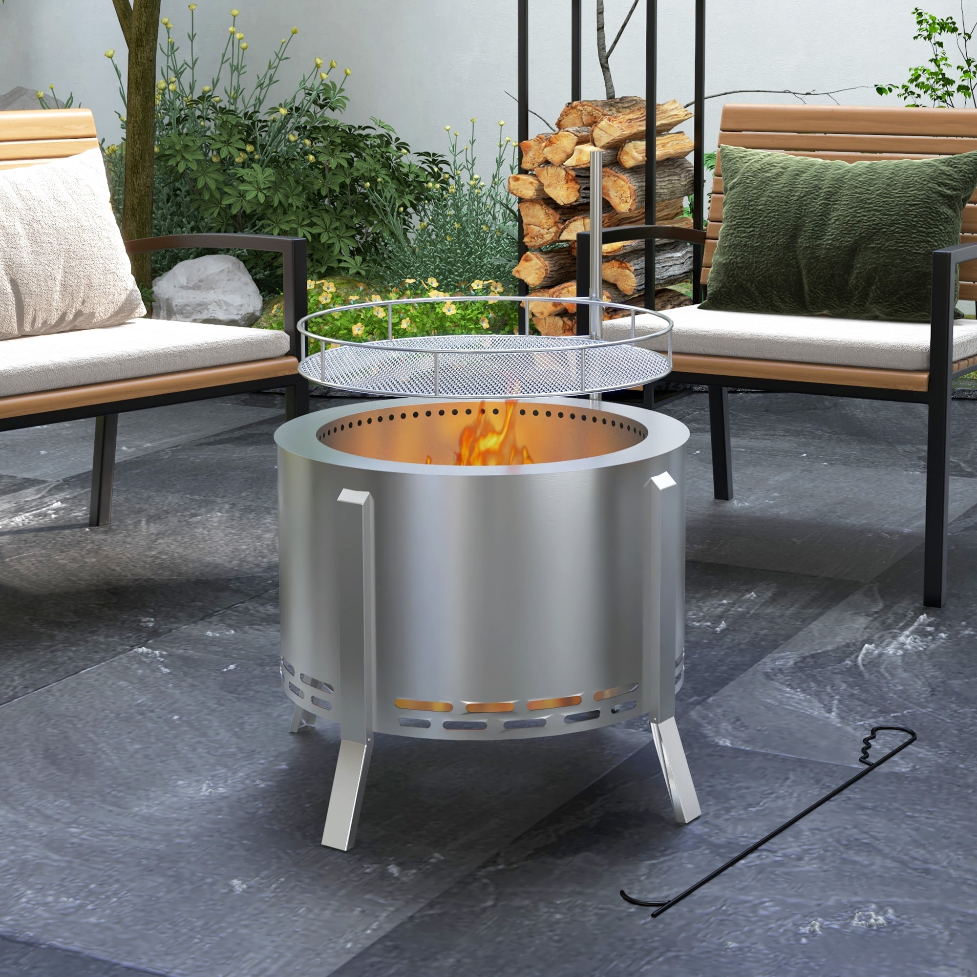 19 Inch Silver Stainless Steel Smokeless Fire Pit with Grill
