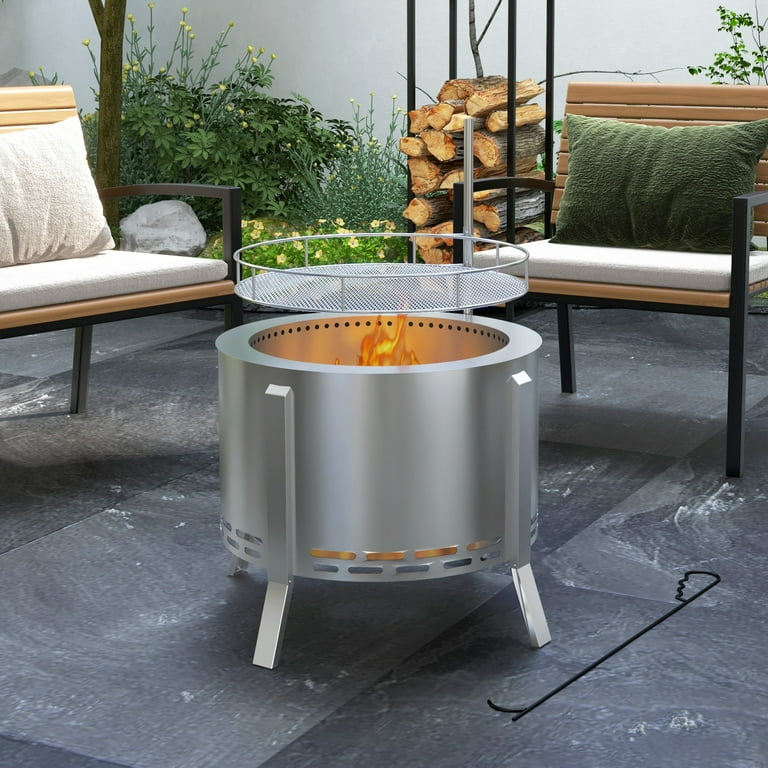 19 Inch Large Smokeless Fire Pit with Stand Portable Stainless