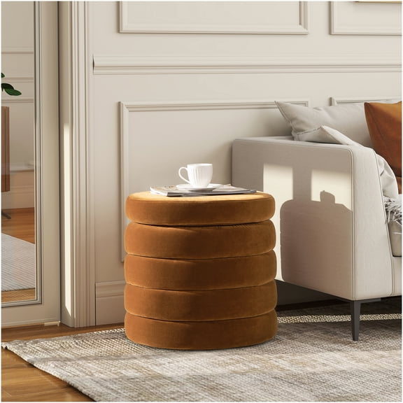 19 Inch Oversized Round Storage Ottoman with Lift Top, Soft Velvet Upholstery, Burnt Orange Accent for Living Room